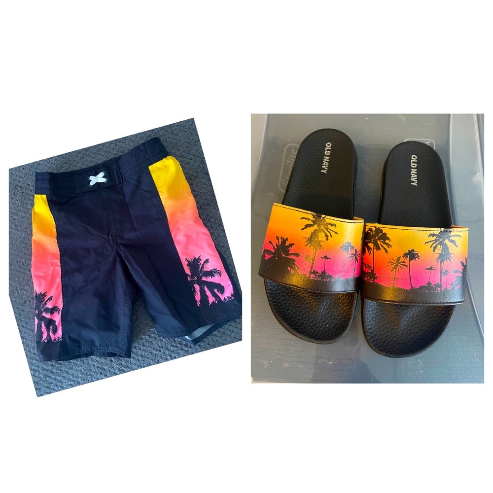 Old Navy swim trunks and slides bundle deal